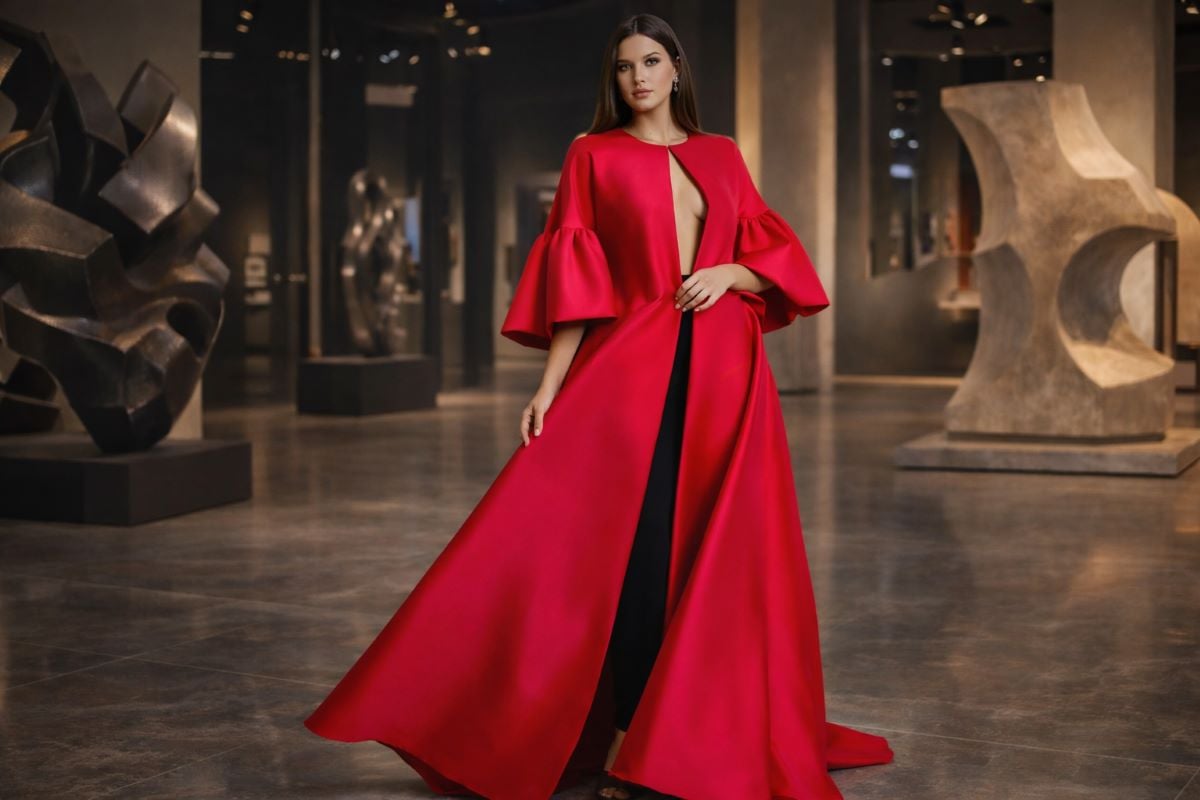 red cape style evening gown with dramatic silhouette