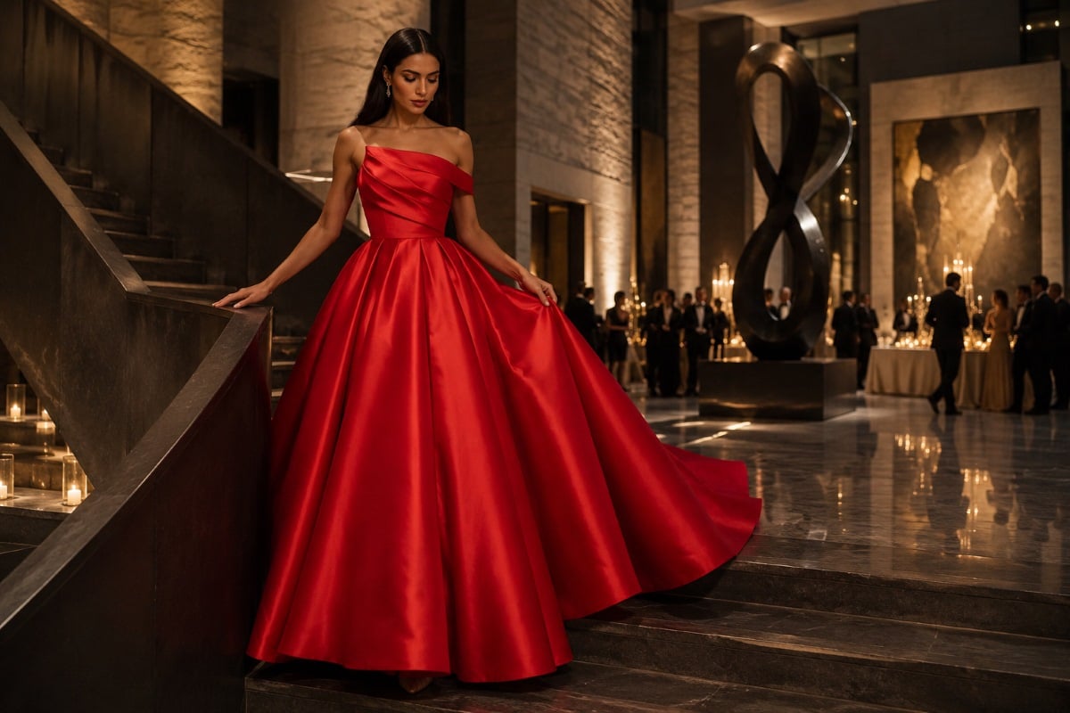 Red contemporary satin black tie wedding guest gown
