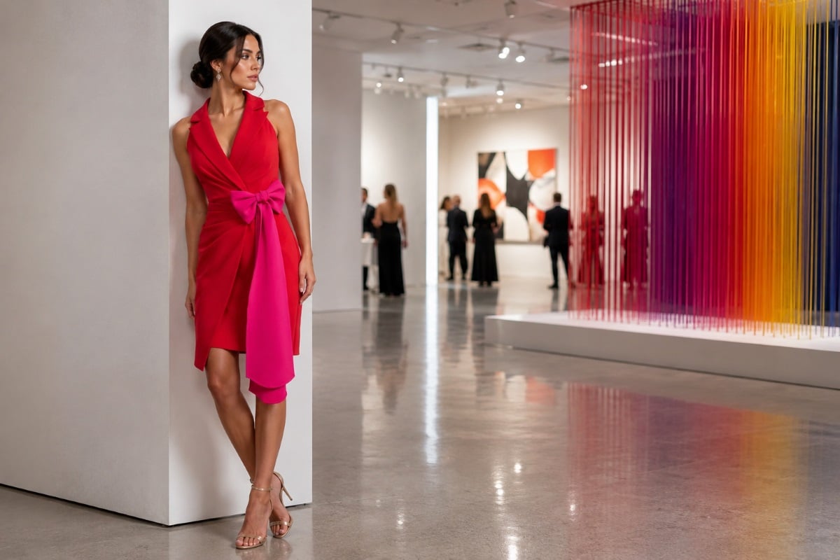 Red contemporary midi dress at modern gallery event