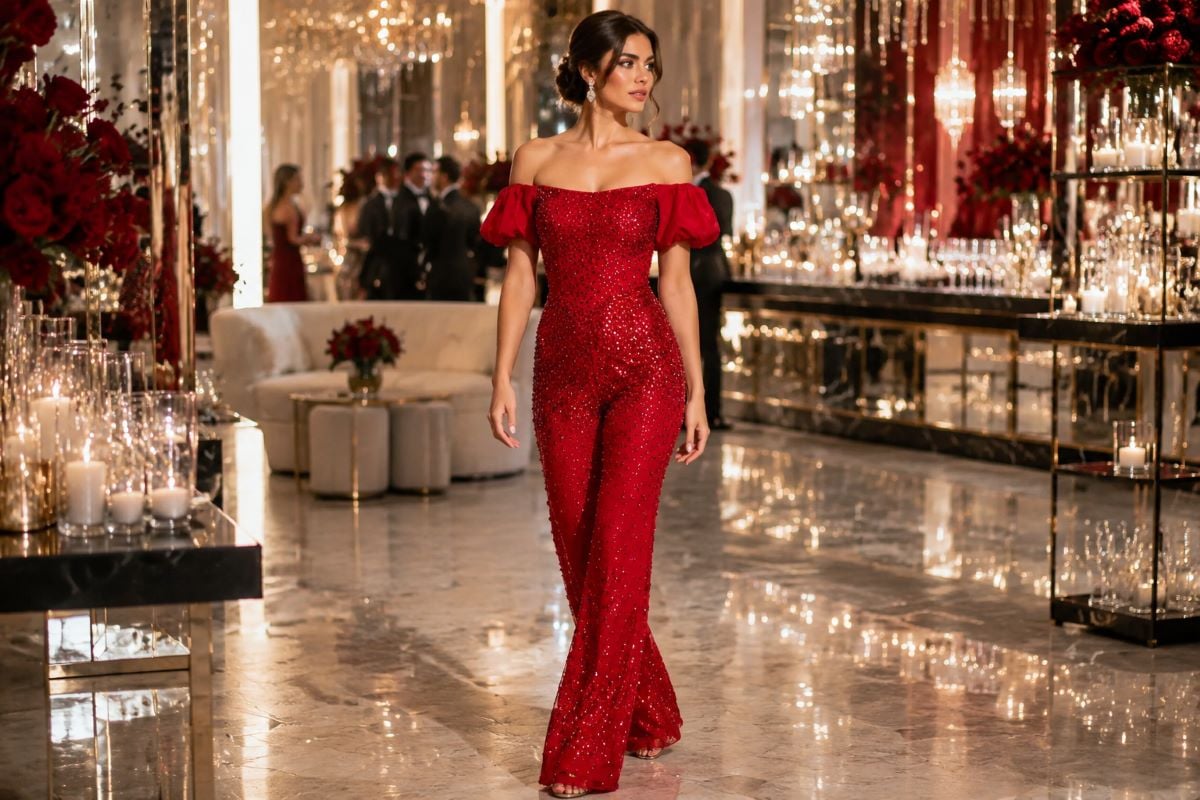 Red crystal embellished wedding jumpsuit