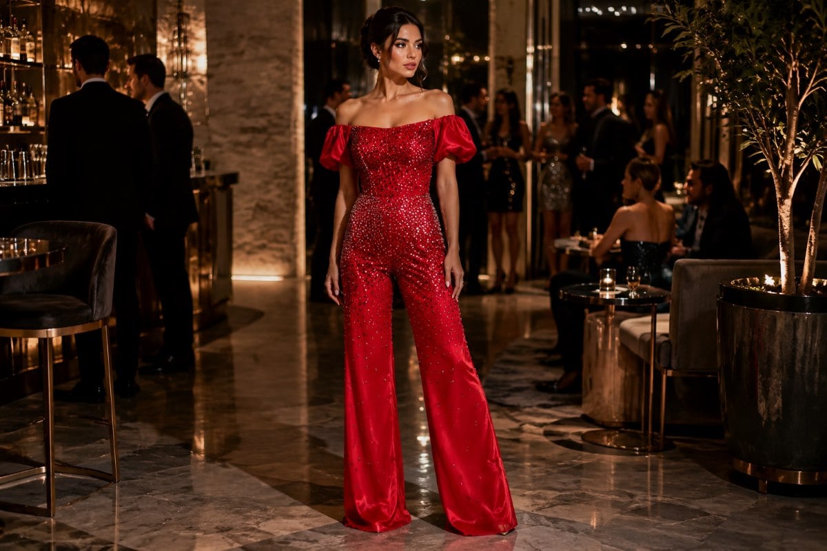 Red crystal evening jumpsuit reunion style