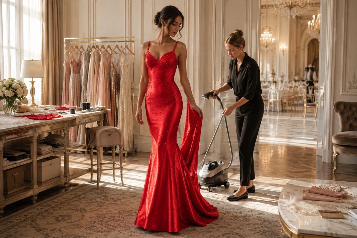 Red crystal gown steaming fashion editorial