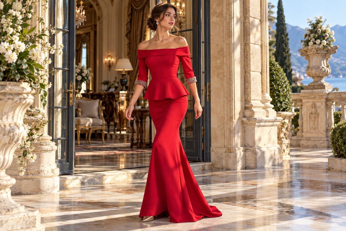 Red gown editorial full body styling