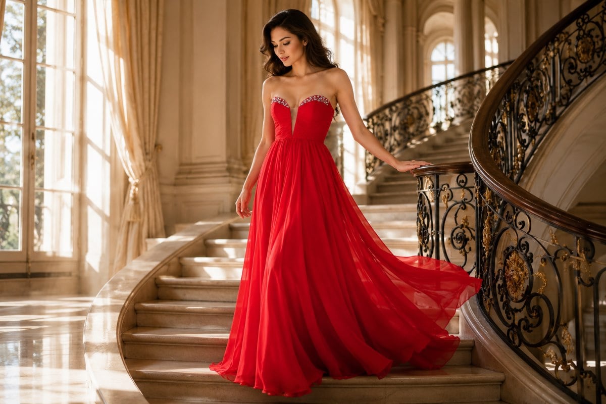 Red empire waist chiffon evening gown flowing gracefully
