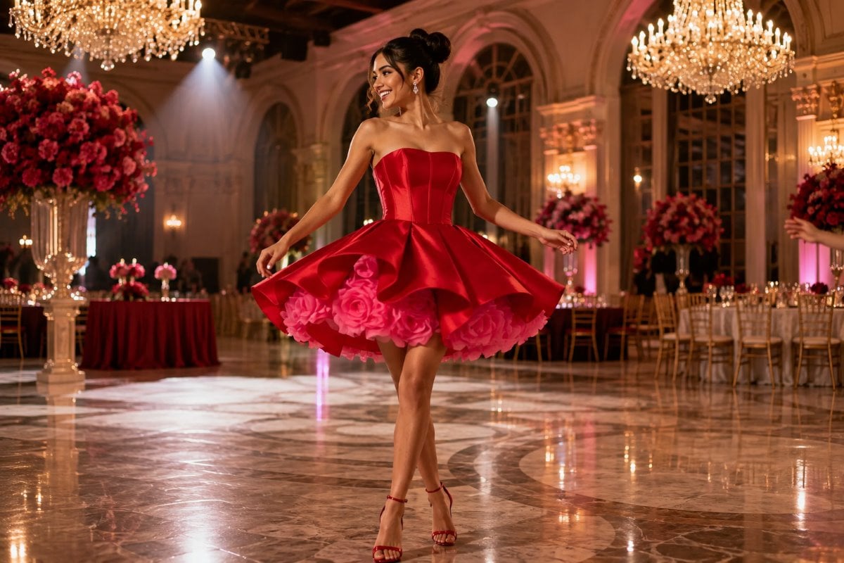 Red fit and flare homecoming dress twirl
