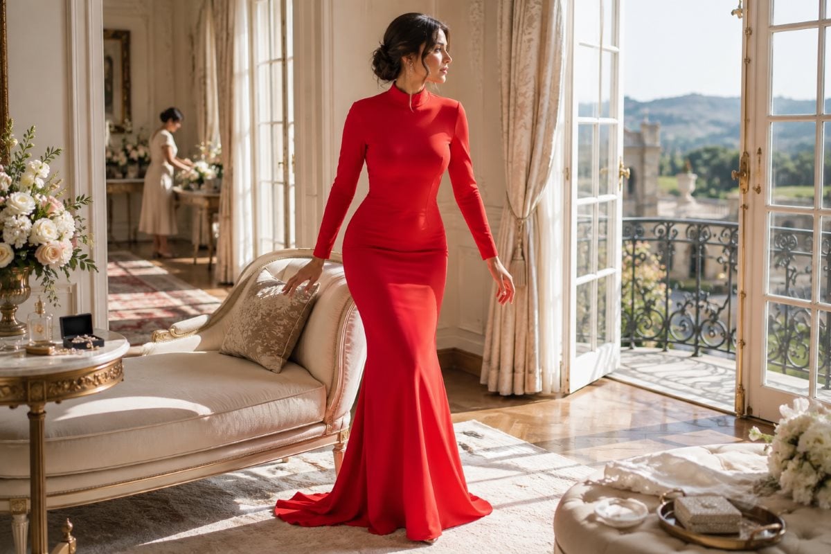 Red fitted long sleeve mother gown