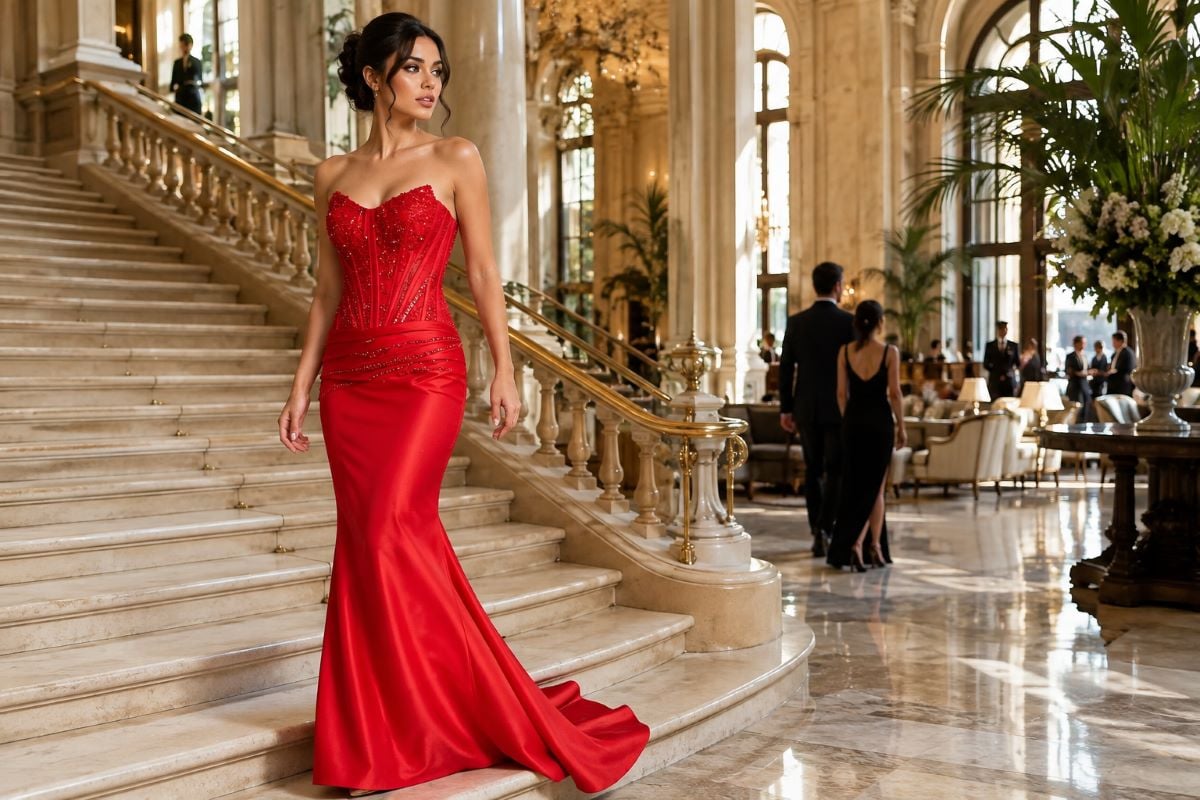 Red fitted prom gown editorial hotel scene