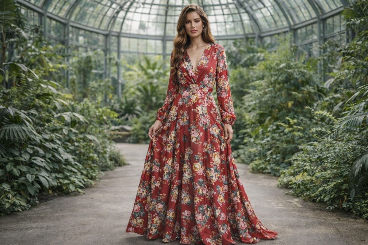 Red floral A-line evening gown