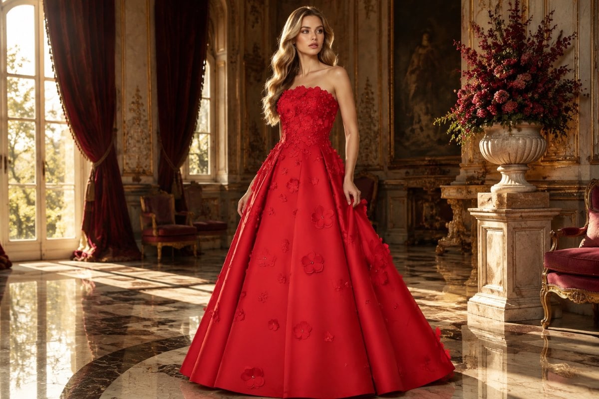 Red floral ball gown editorial elegance