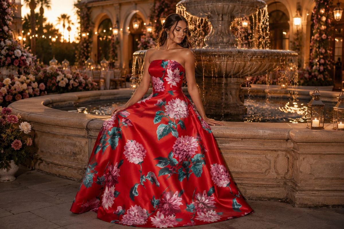 Red floral dama gown in garden setting