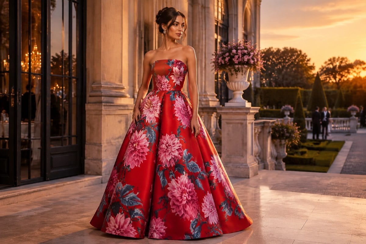 Red floral gala strapless evening gown