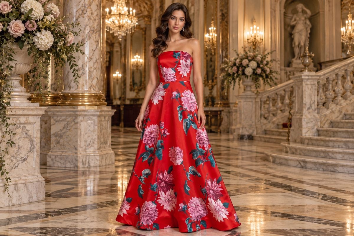 Red floral print A-line prom dress
