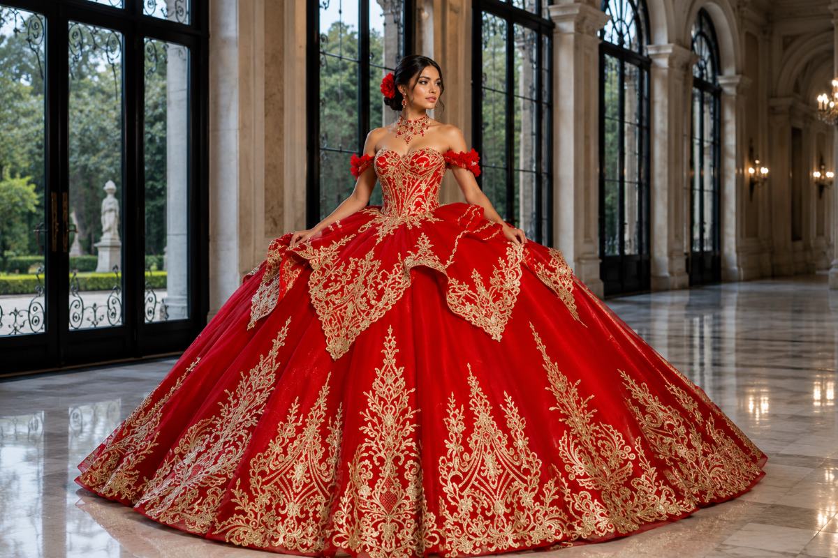 Red quinceañera ball gown with gold embroidery