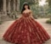 red quinceanera ball gown with gold embroidery full skirt
