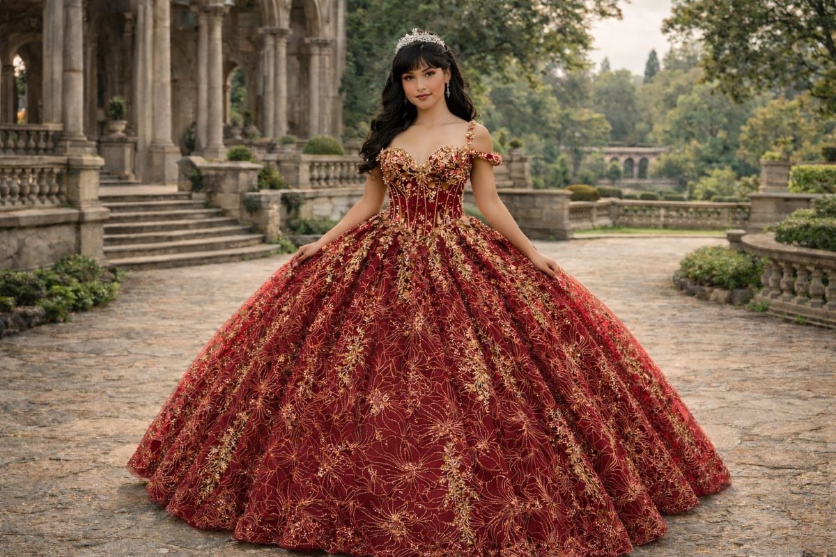 red quinceanera ball gown with gold embroidery full skirt
