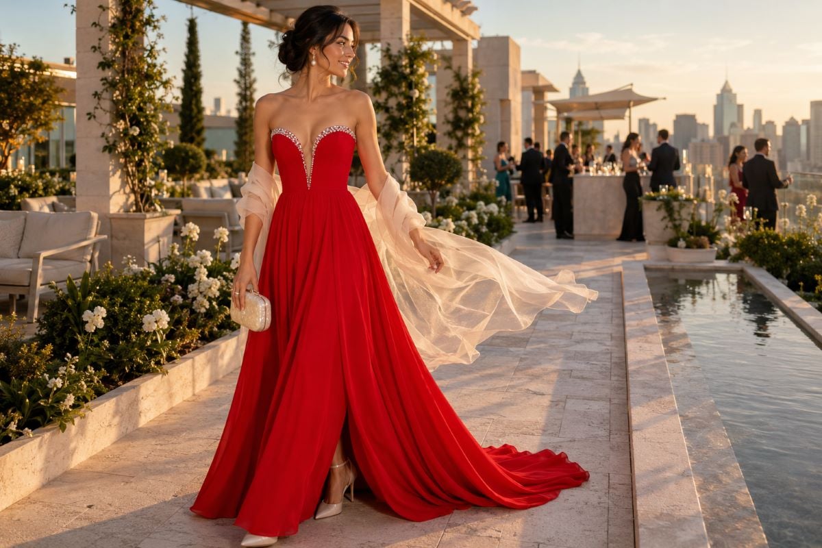 Red gown with ivory evening accessories