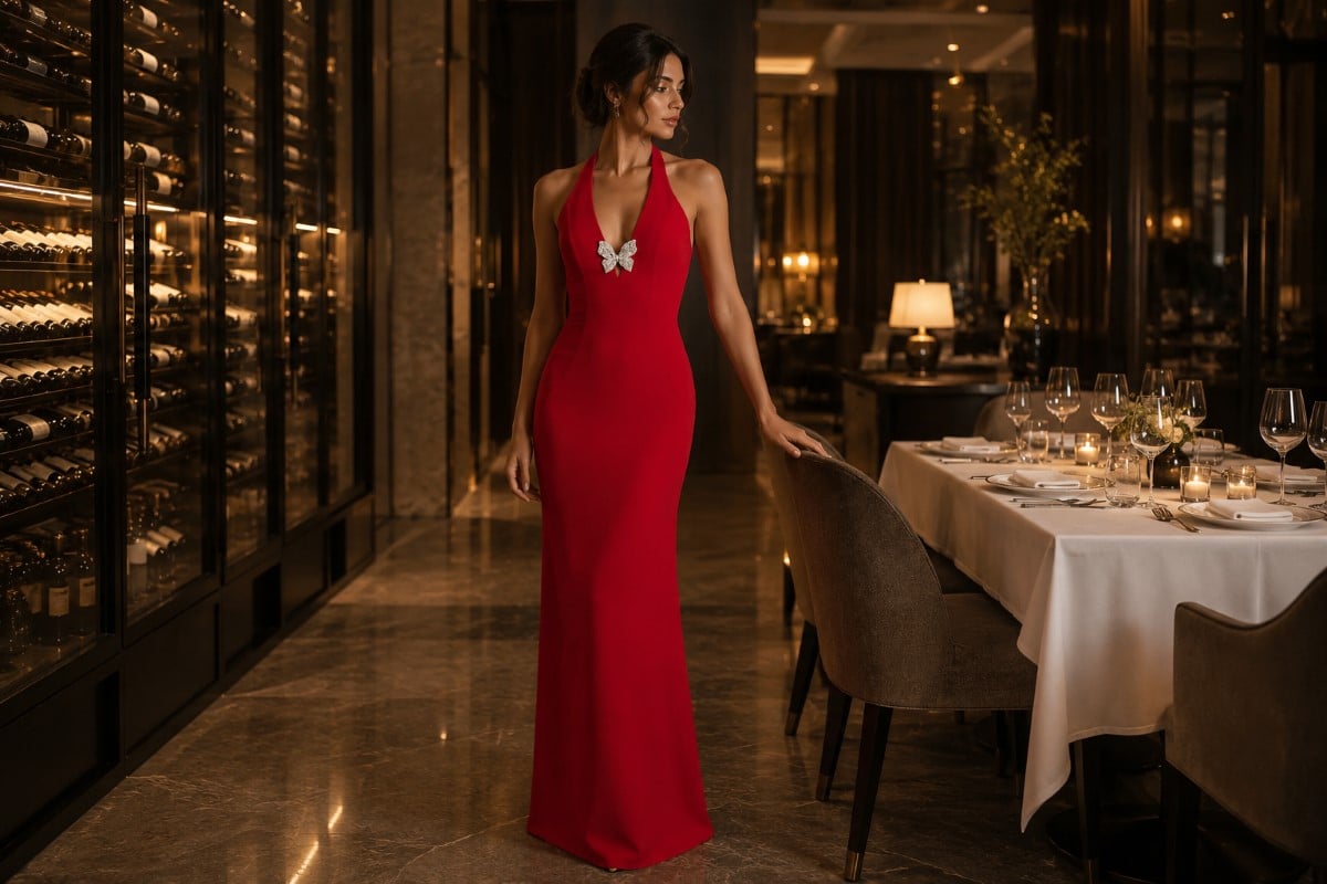 Red halter column dress for upscale date night