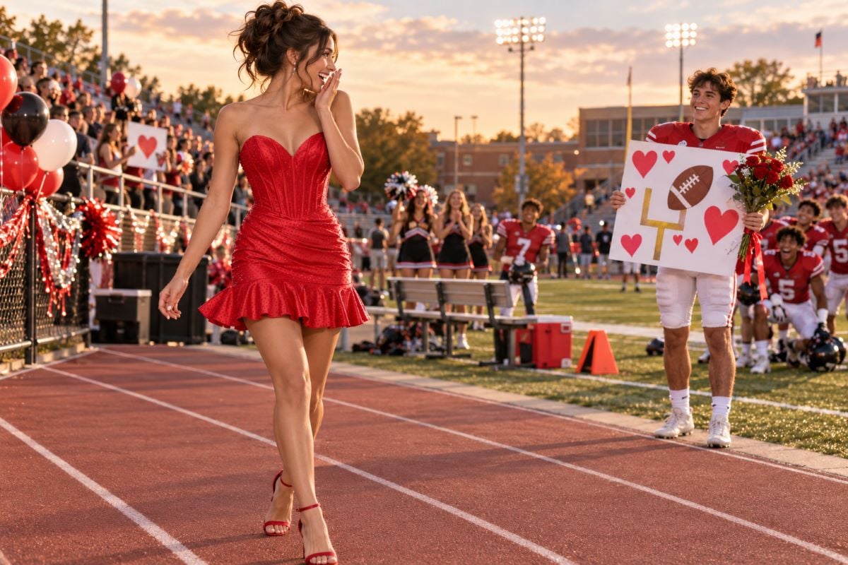 Red homecoming dress sports proposal moment