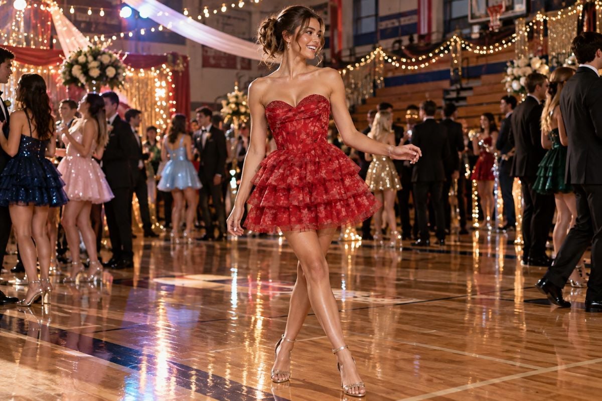 Red homecoming dress sweat proof makeup