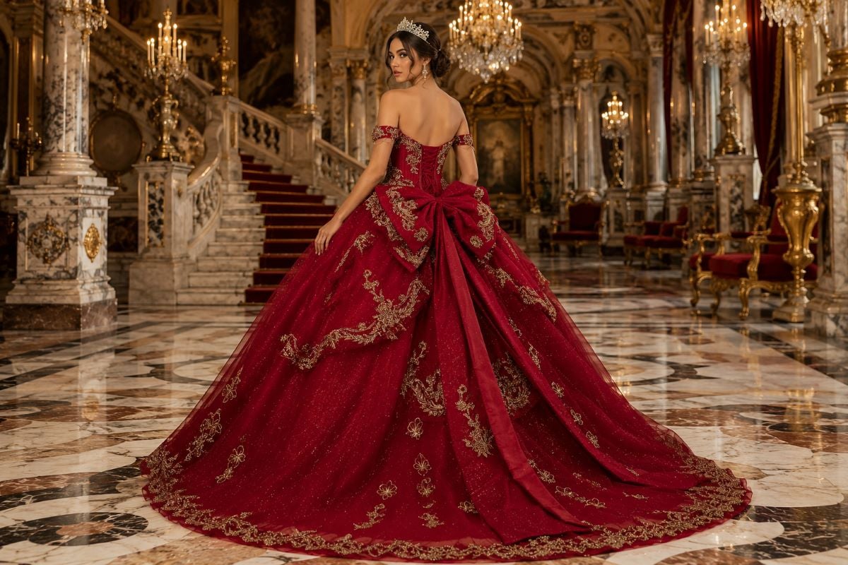 Red quinceañera gown with structured hoop skirt