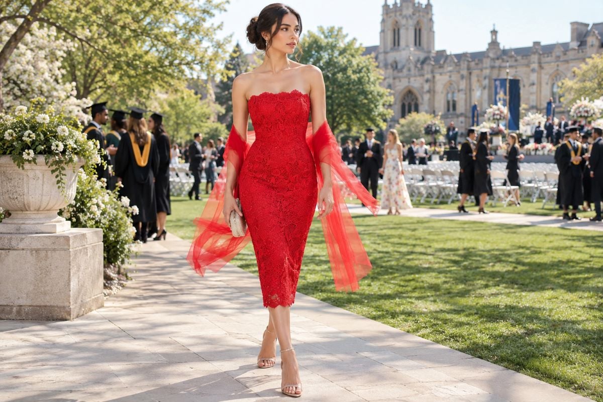 Red lace outdoor graduation guest dress