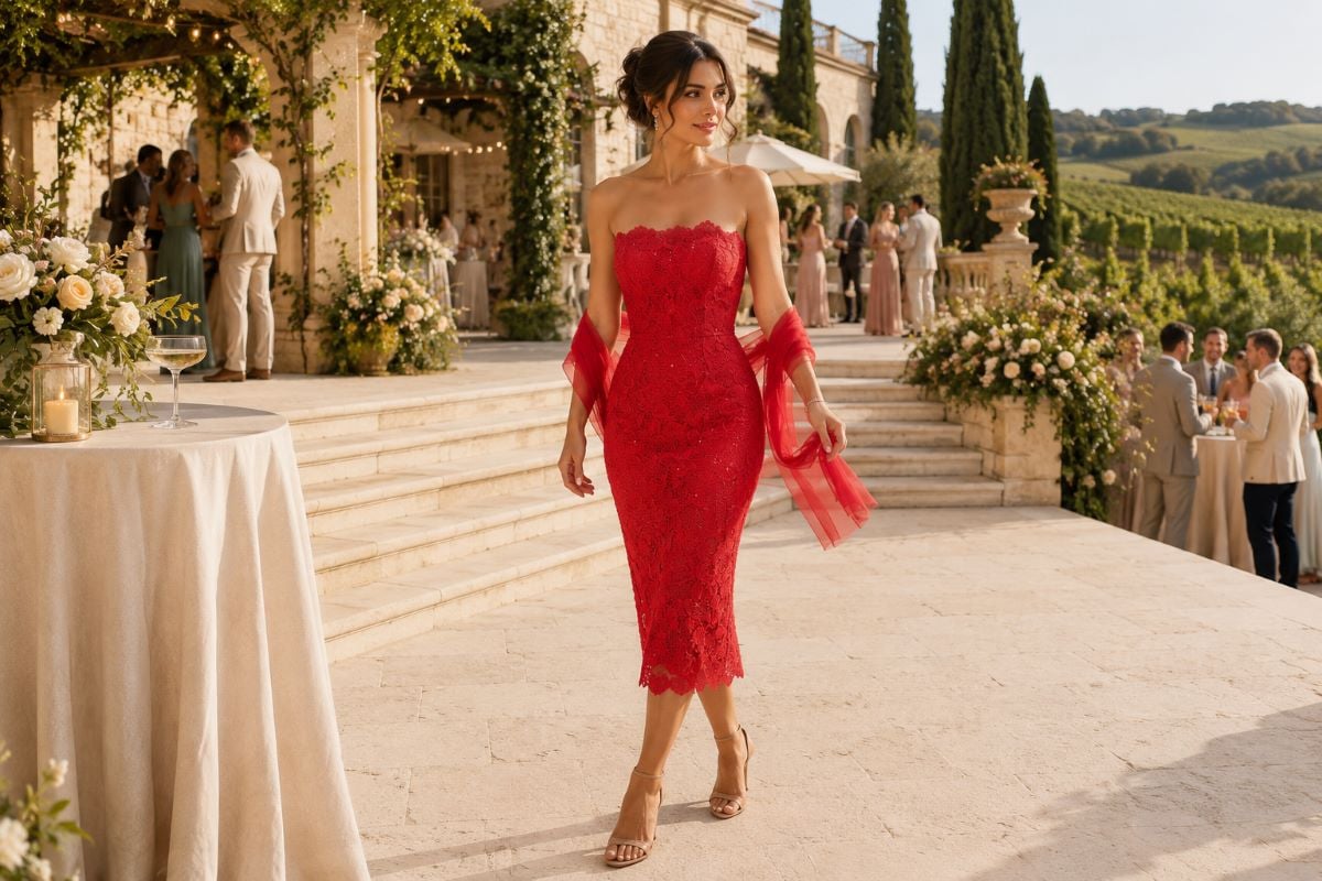 Red lace vineyard wedding guest dress