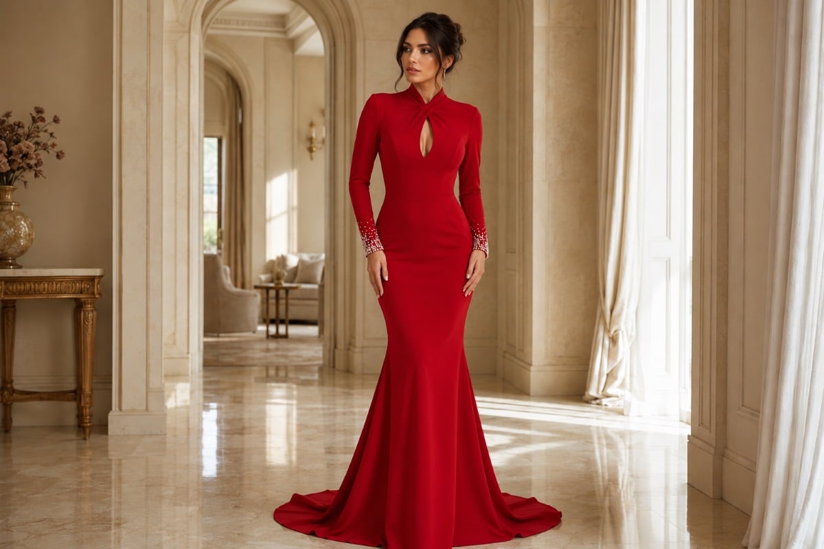 Red Long Sleeve Mermaid Evening Gown