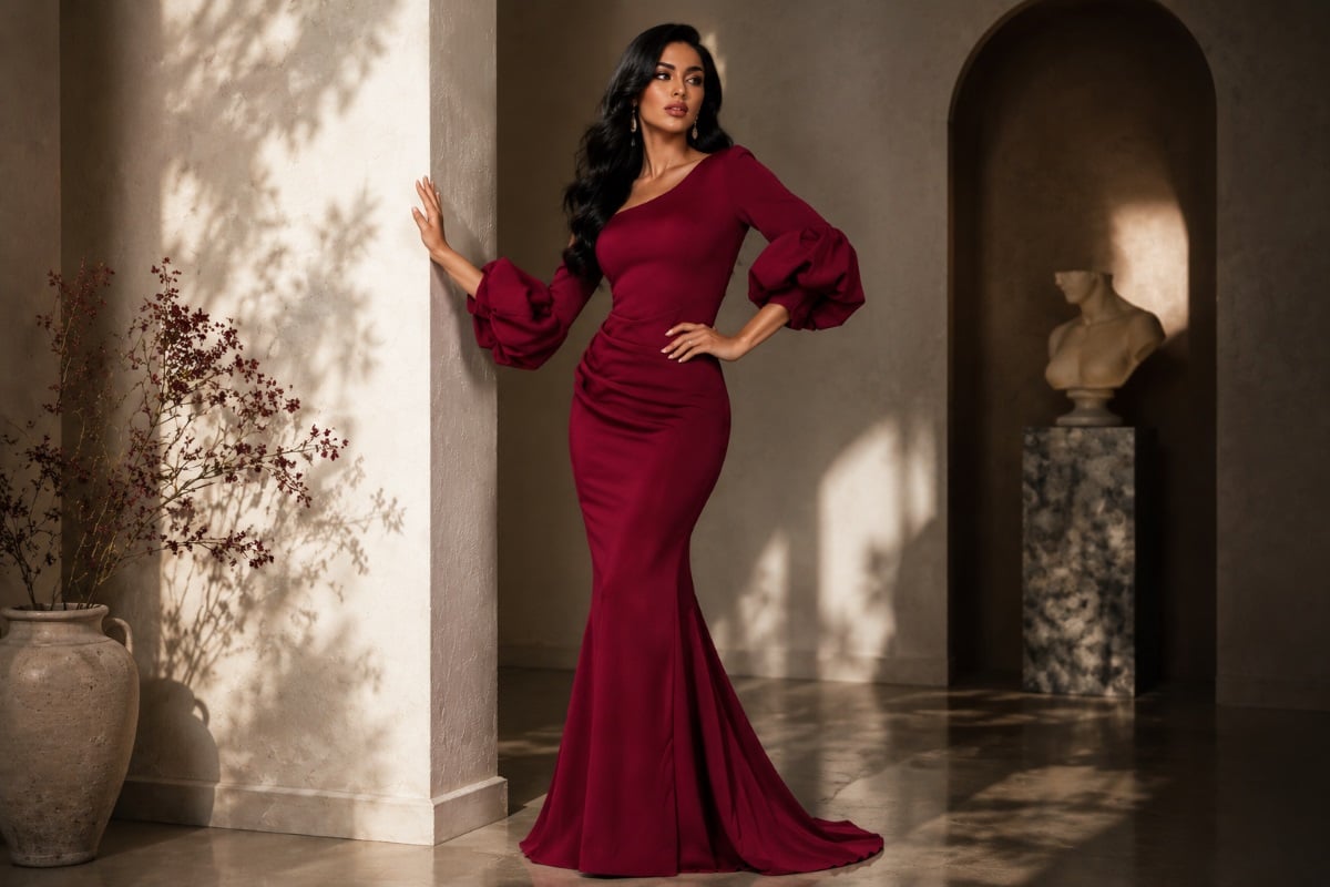 Elegant red mermaid gown editorial pose