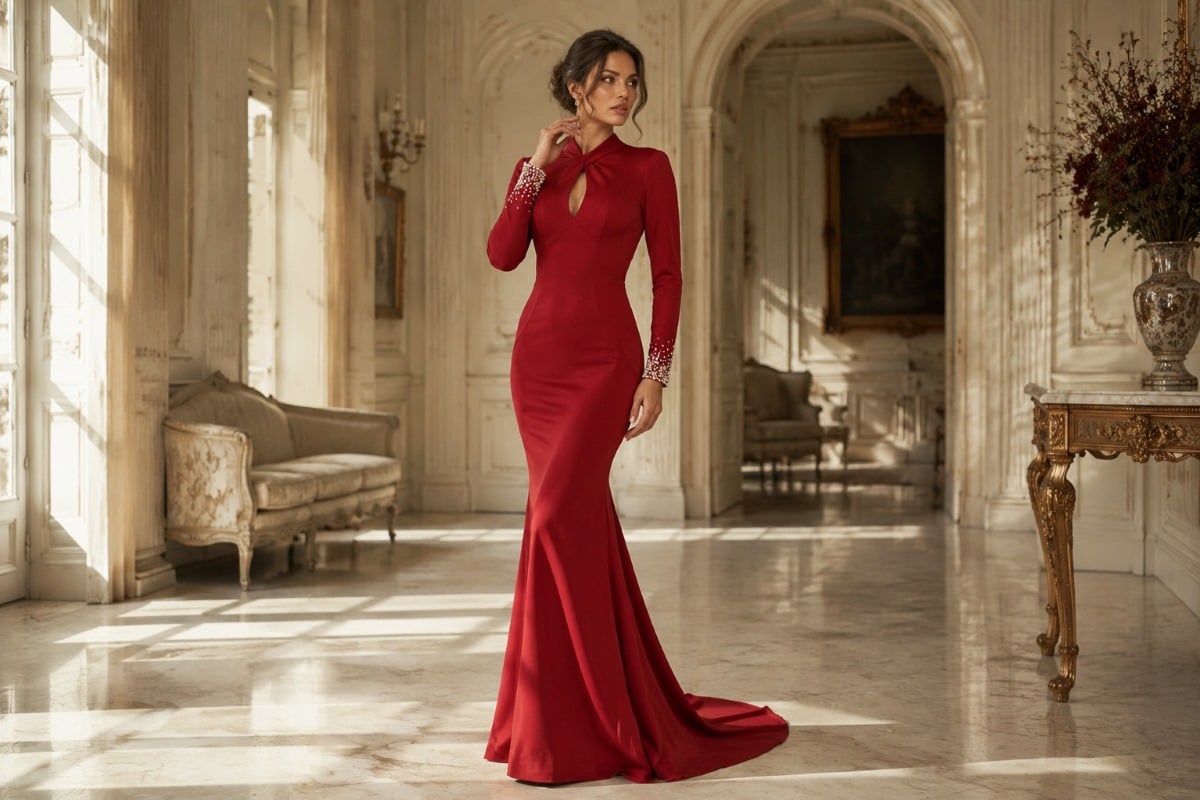 Elegant red mermaid prom gown editorial look