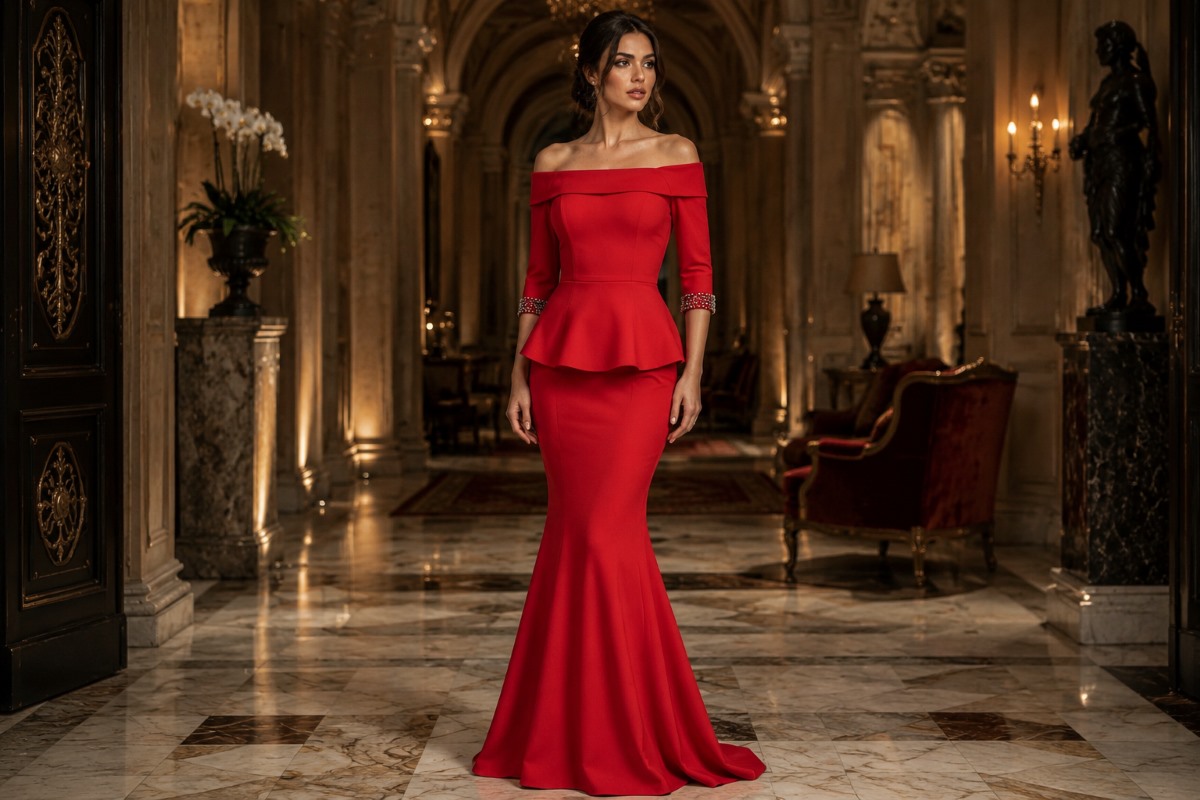 Red mermaid peplum gown editorial look
