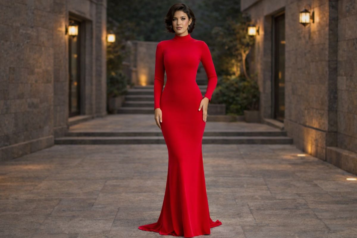 Red long sleeve high neck modest evening gown