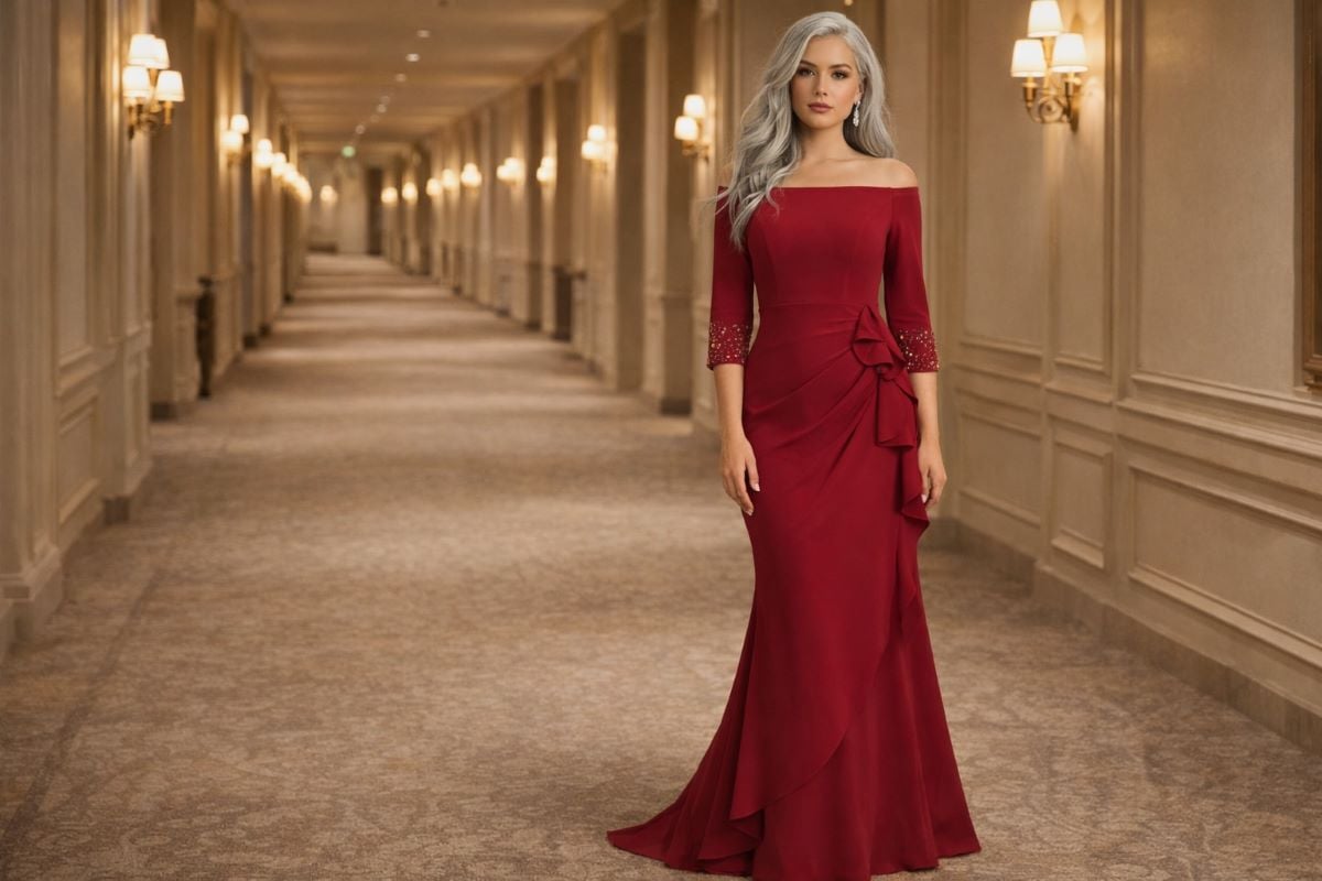 Red off-shoulder evening gown with beaded sleeve detail