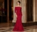 Red off-shoulder long sleeve mermaid gown with beaded cuffs
