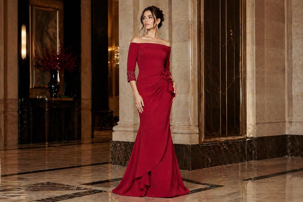 Red off-shoulder long sleeve mermaid gown with beaded cuffs