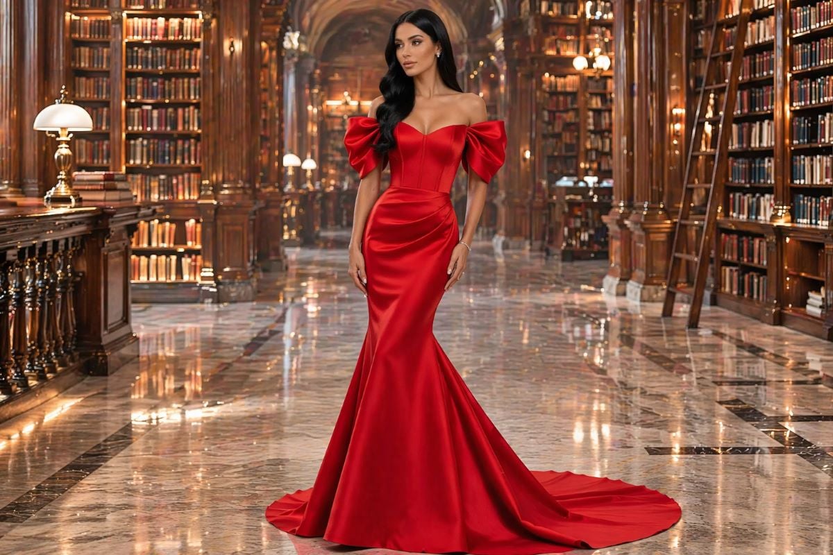 gold beaded evening gown with feather shoulders