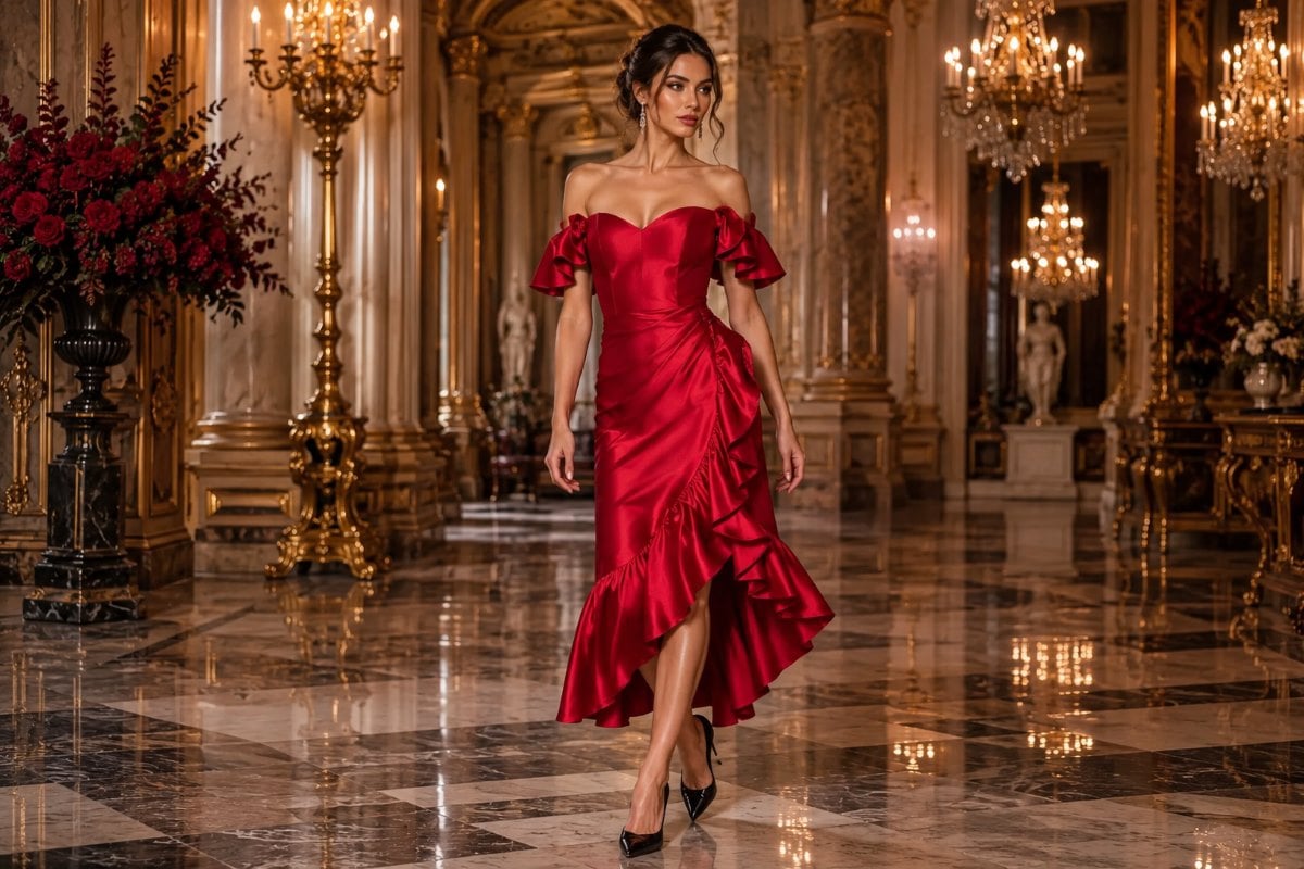 Red off shoulder ruffle cocktail dress