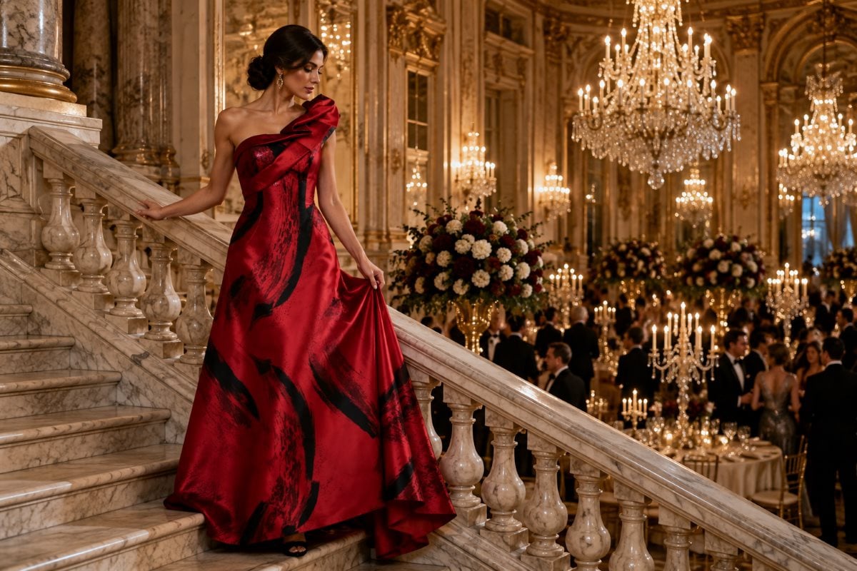Red one shoulder gown wedding guest