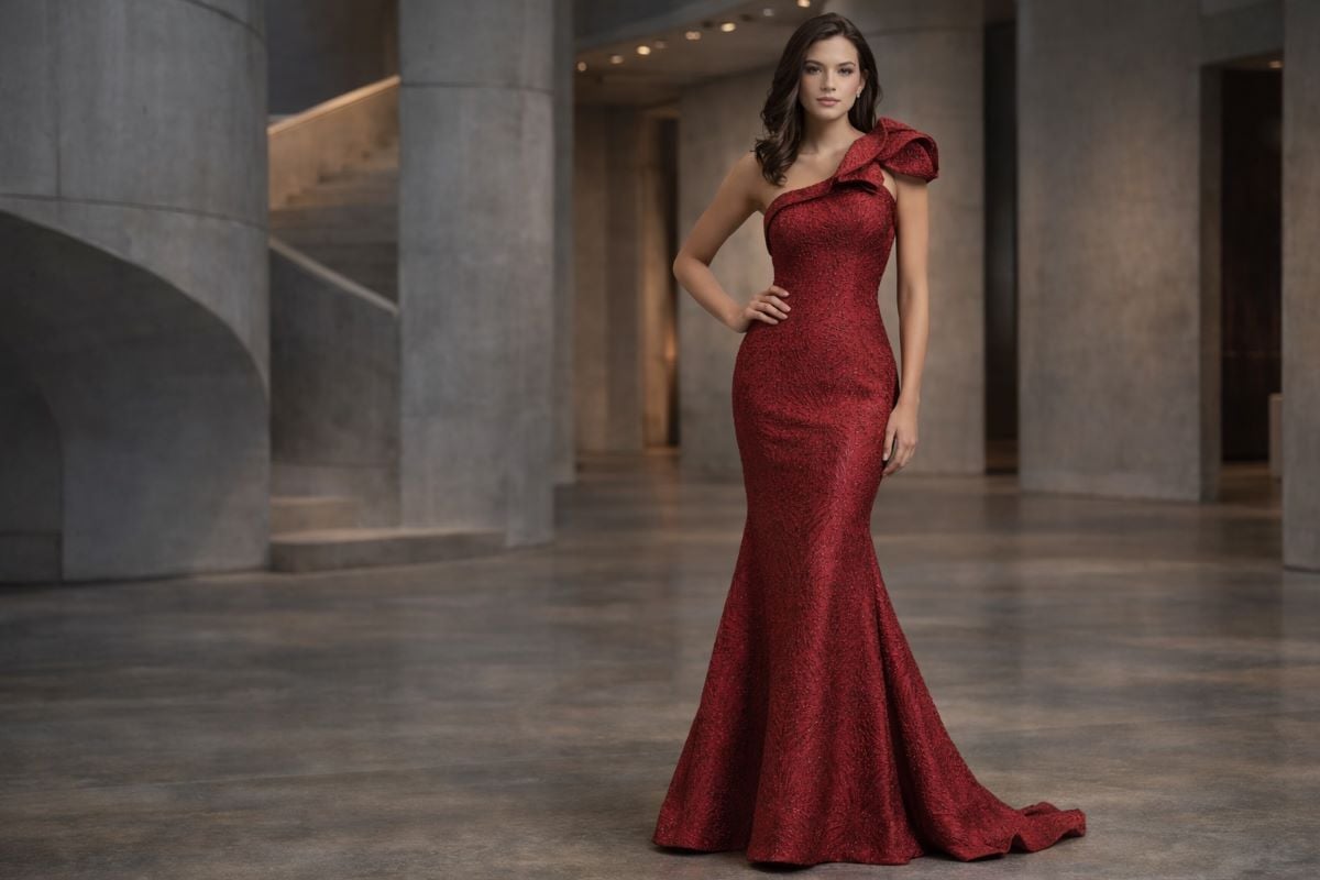 Red one-shoulder mermaid evening gown