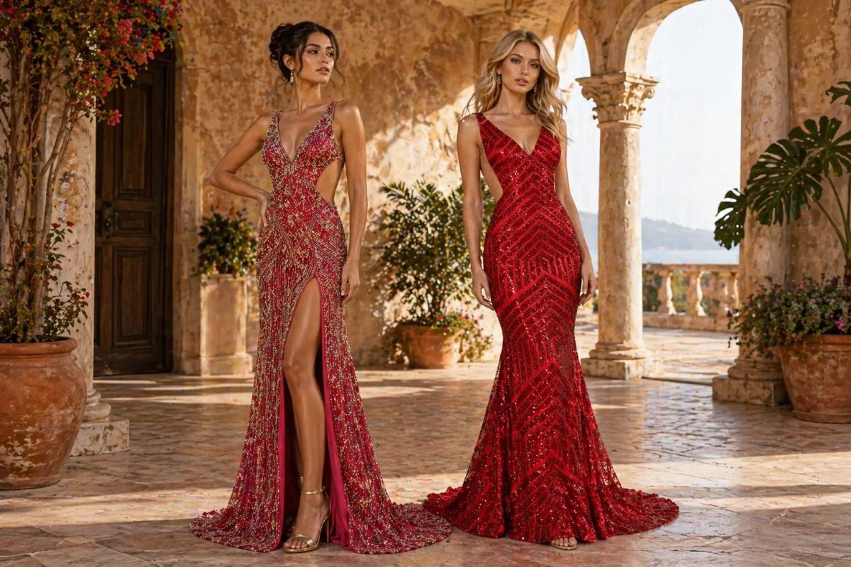 red coordinated prom dresses duo