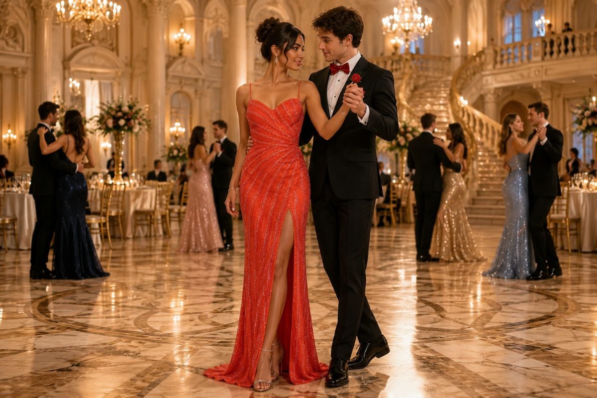Red prom gown during slow dance