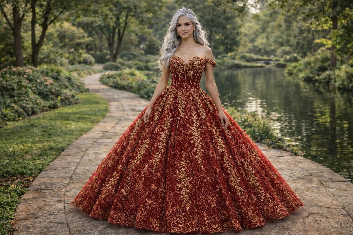 Red quinceanera gown with corset bodice