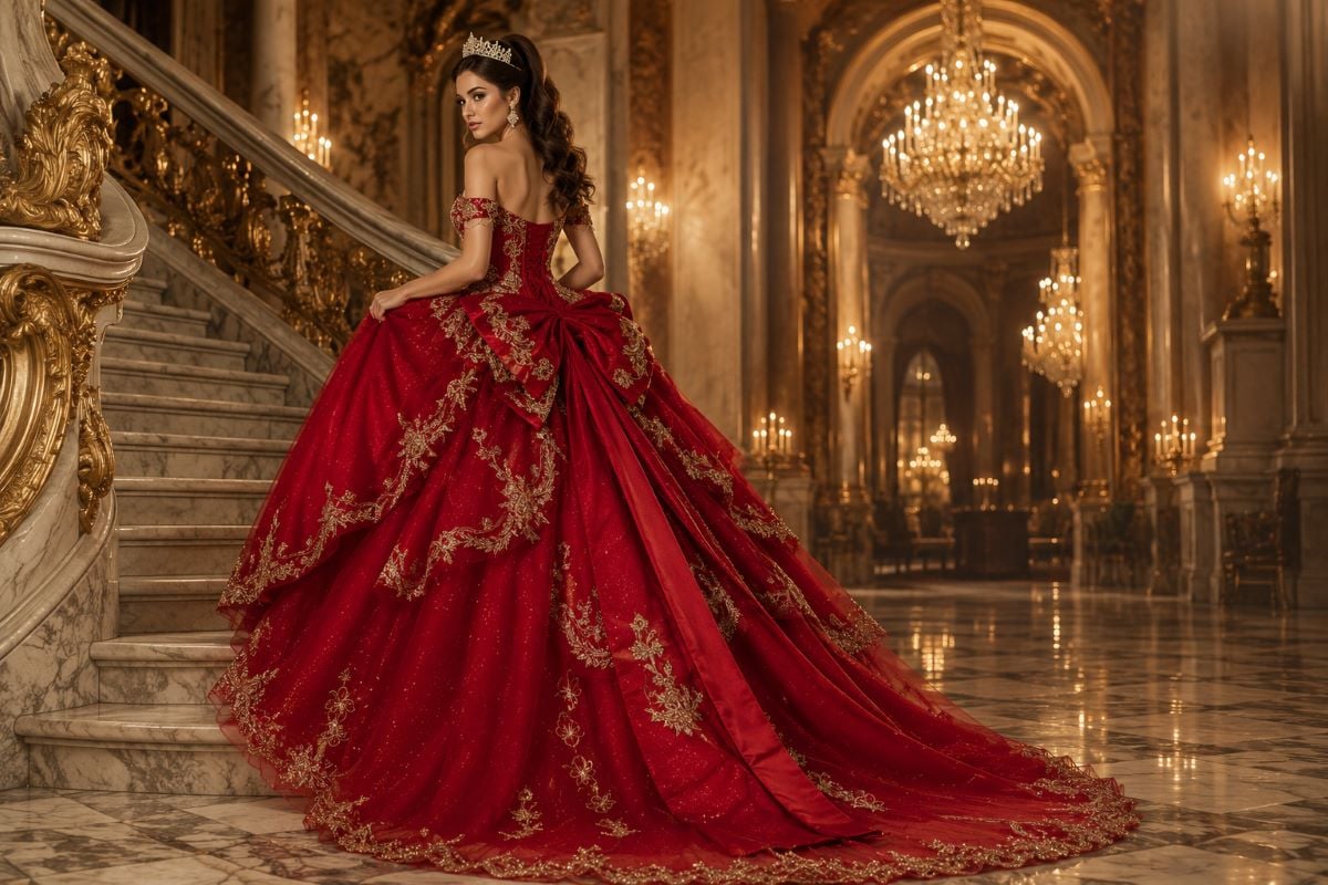 Red royal quinceañera gown with grand tiara
