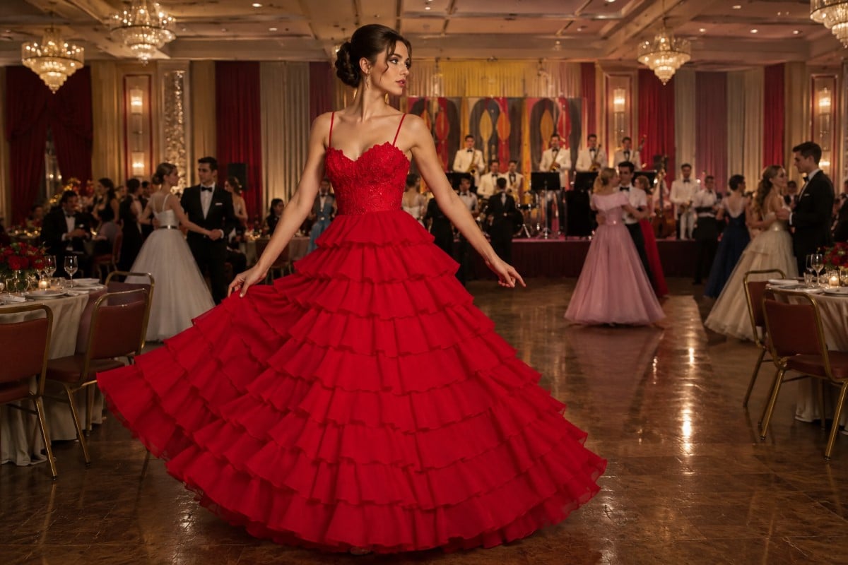 Red ruffle gown celebrates 1950s prom glamour