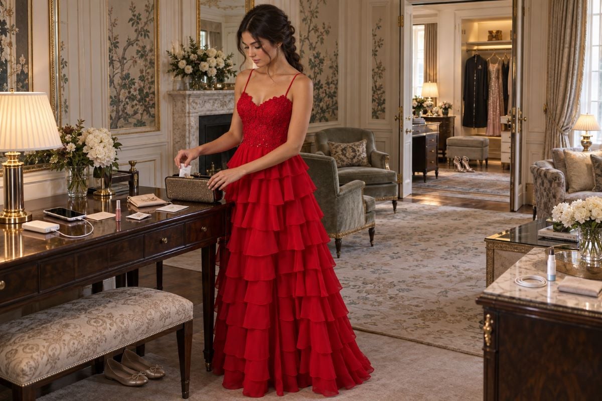 Red ruffle prom gown packing essentials