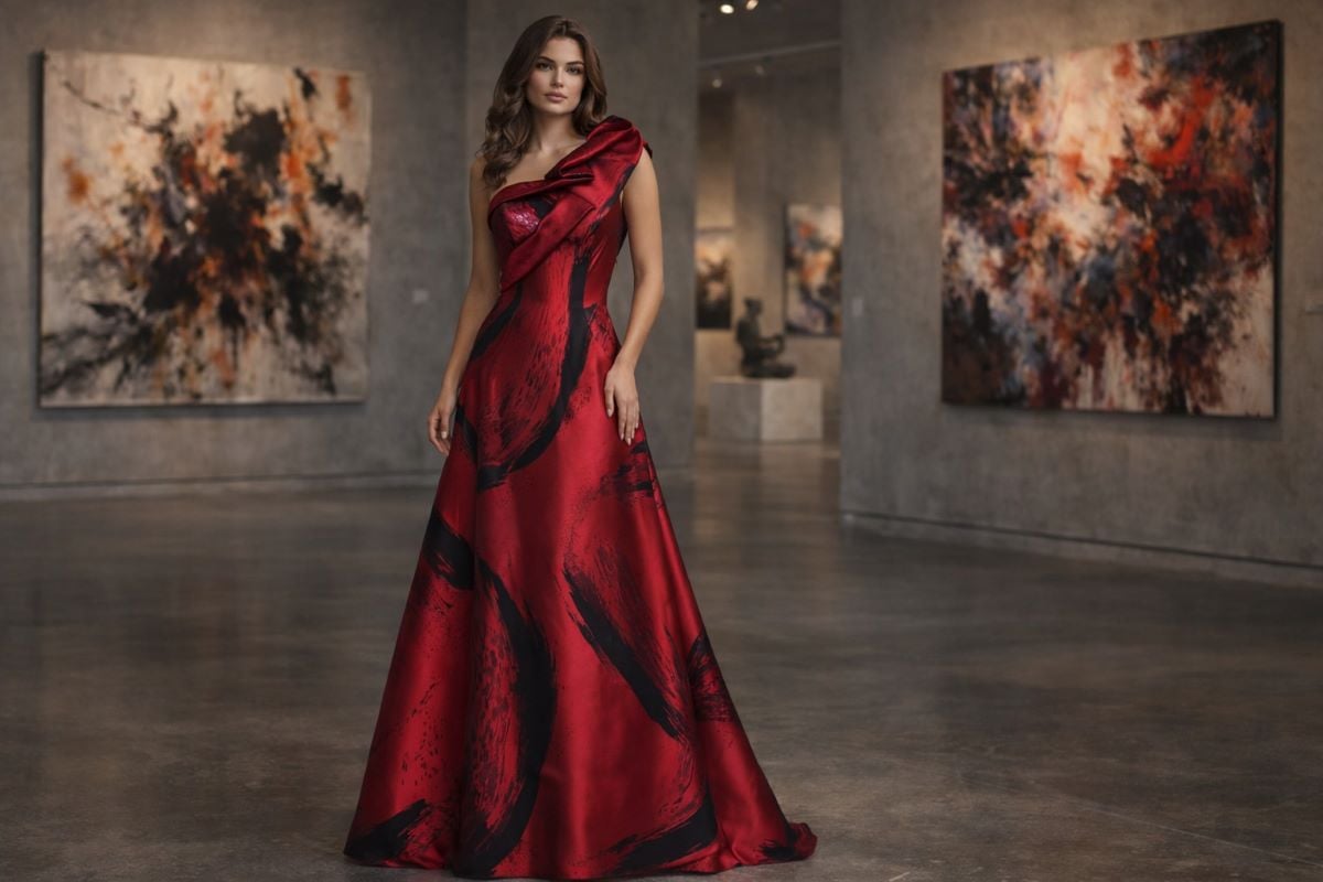 Red satin A-line evening dress