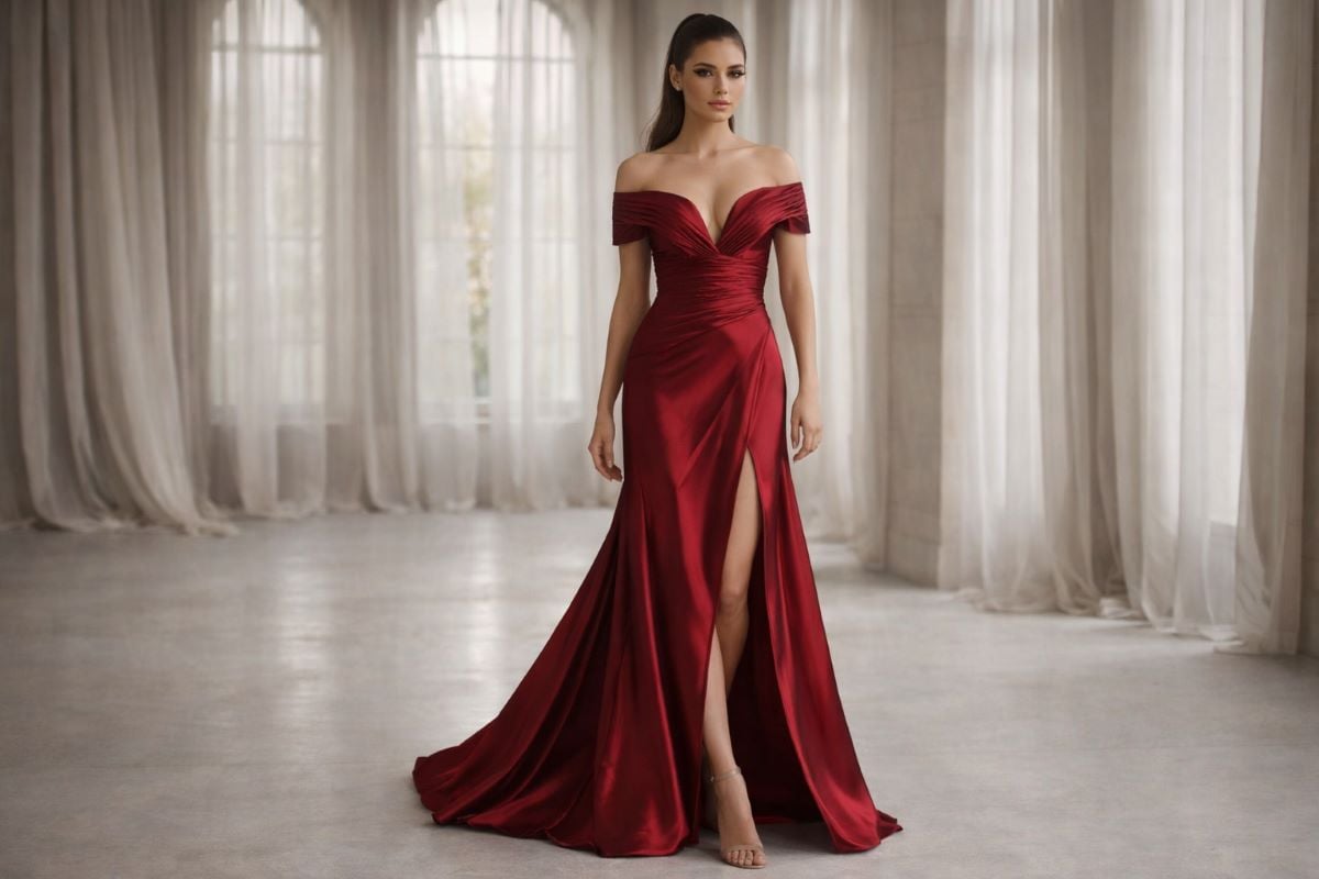 Red satin off shoulder gown with high slit