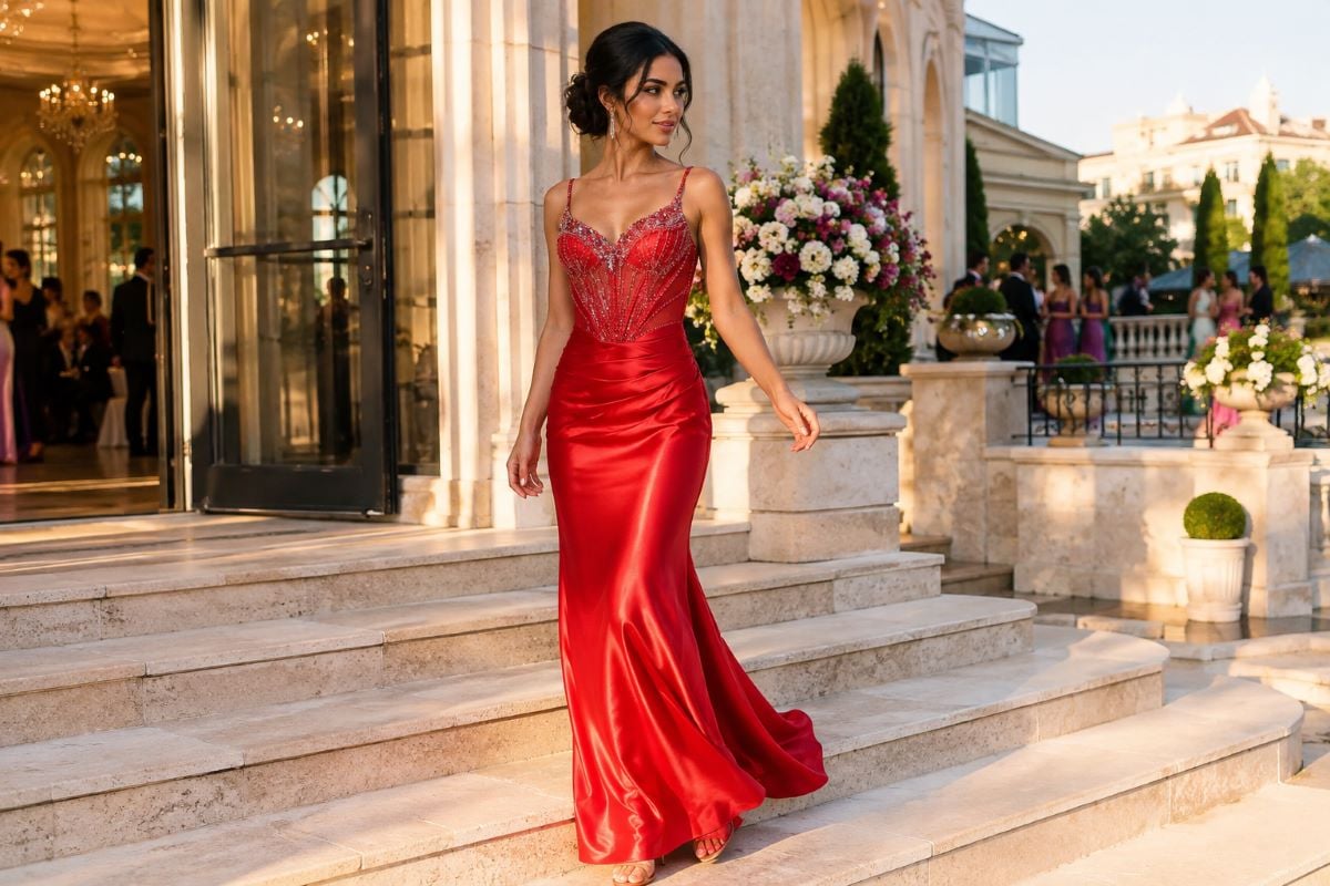 Red satin prom gown on camera