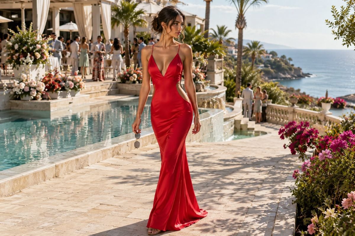 Red satin summer destination wedding gown