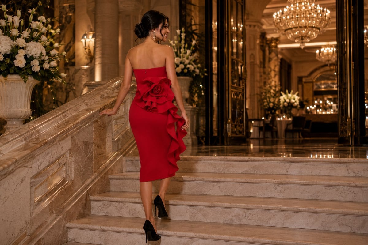 Woman in red sculptural rose midi dress entering luxury restaurant