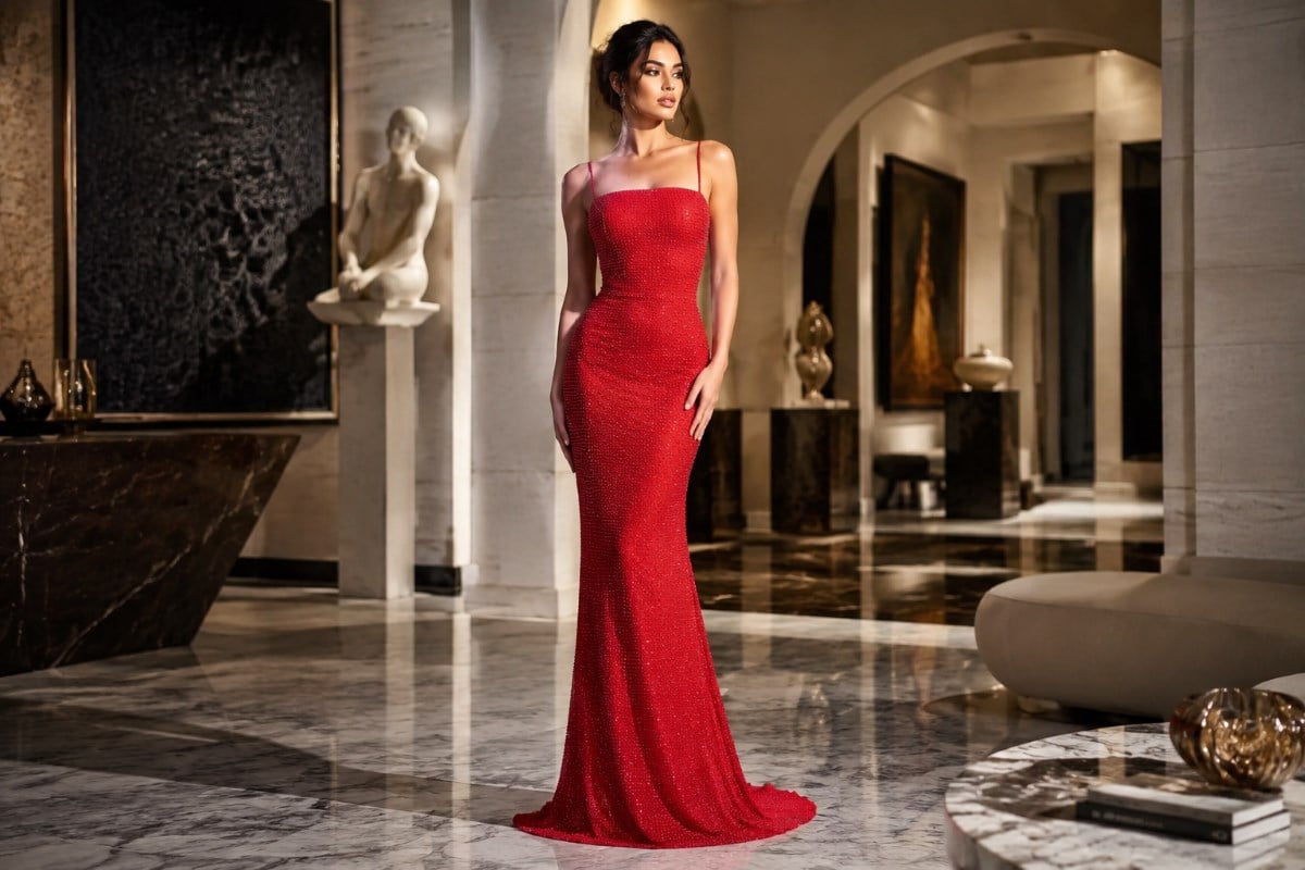 Red spaghetti strap evening gown editorial look